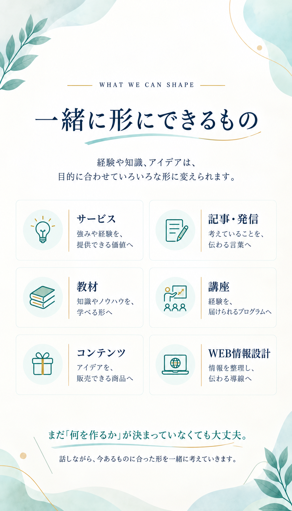 経験や知識、アイデアを、サービス・記事や発信・教材・講座・コンテンツ・WEB情報設計など目的に合った形へ整理する「一緒に形にできるもの」のインフォグラフィック。
