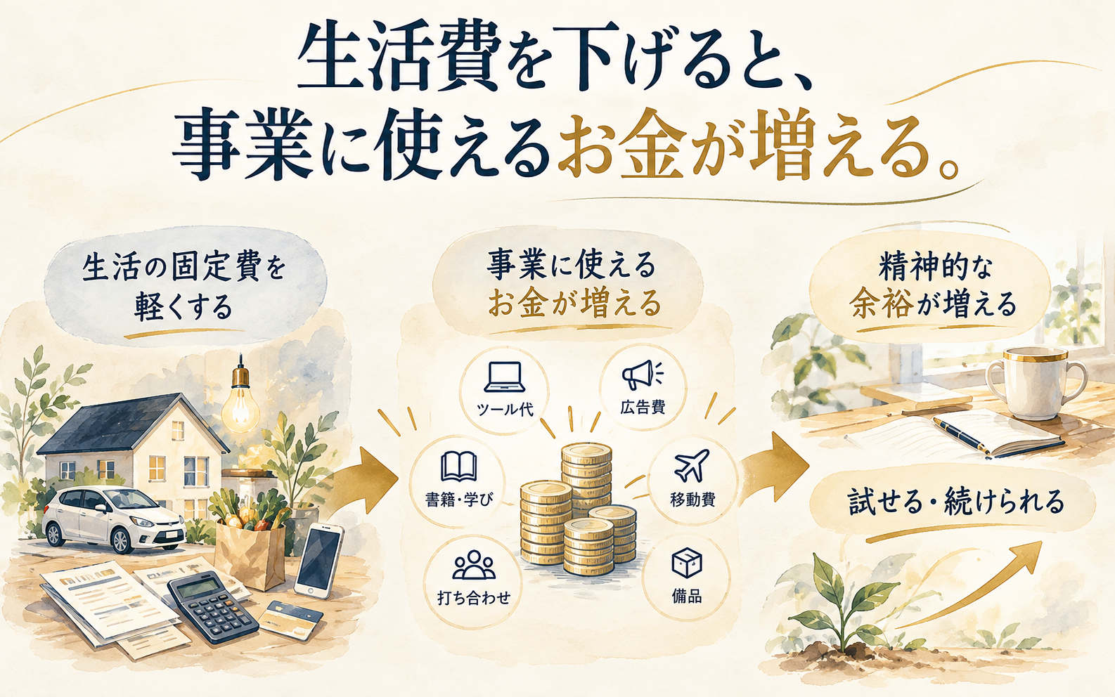 生活固定費を下げることで、事業に回せるお金と精神的な余裕が増え、試しながら続けやすくなる流れを示した図