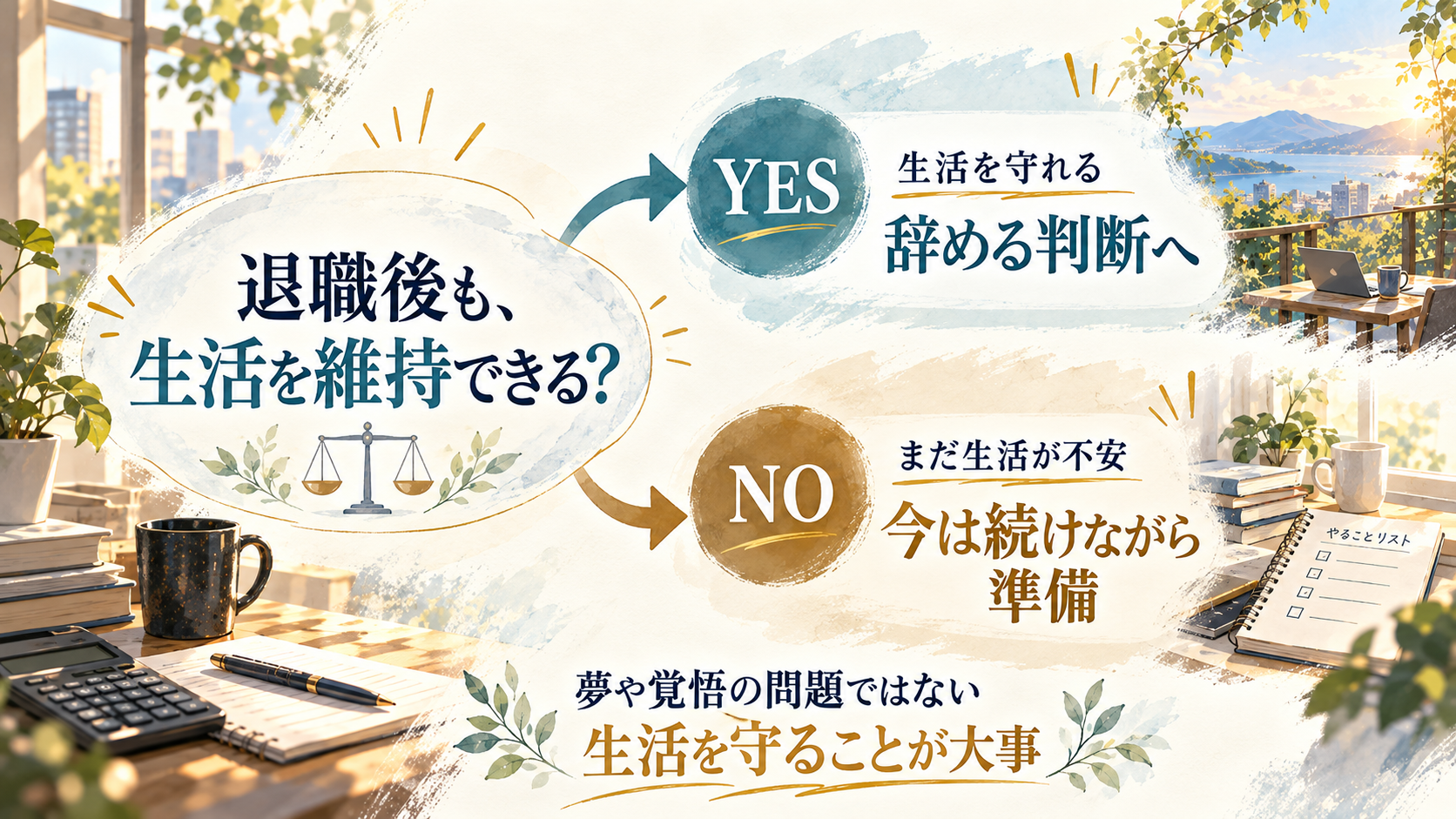 退職後も生活を維持できるかを基準に、維持できるなら辞める判断へ、まだ不安があるなら会社員を続けながら準備する流れを示した図