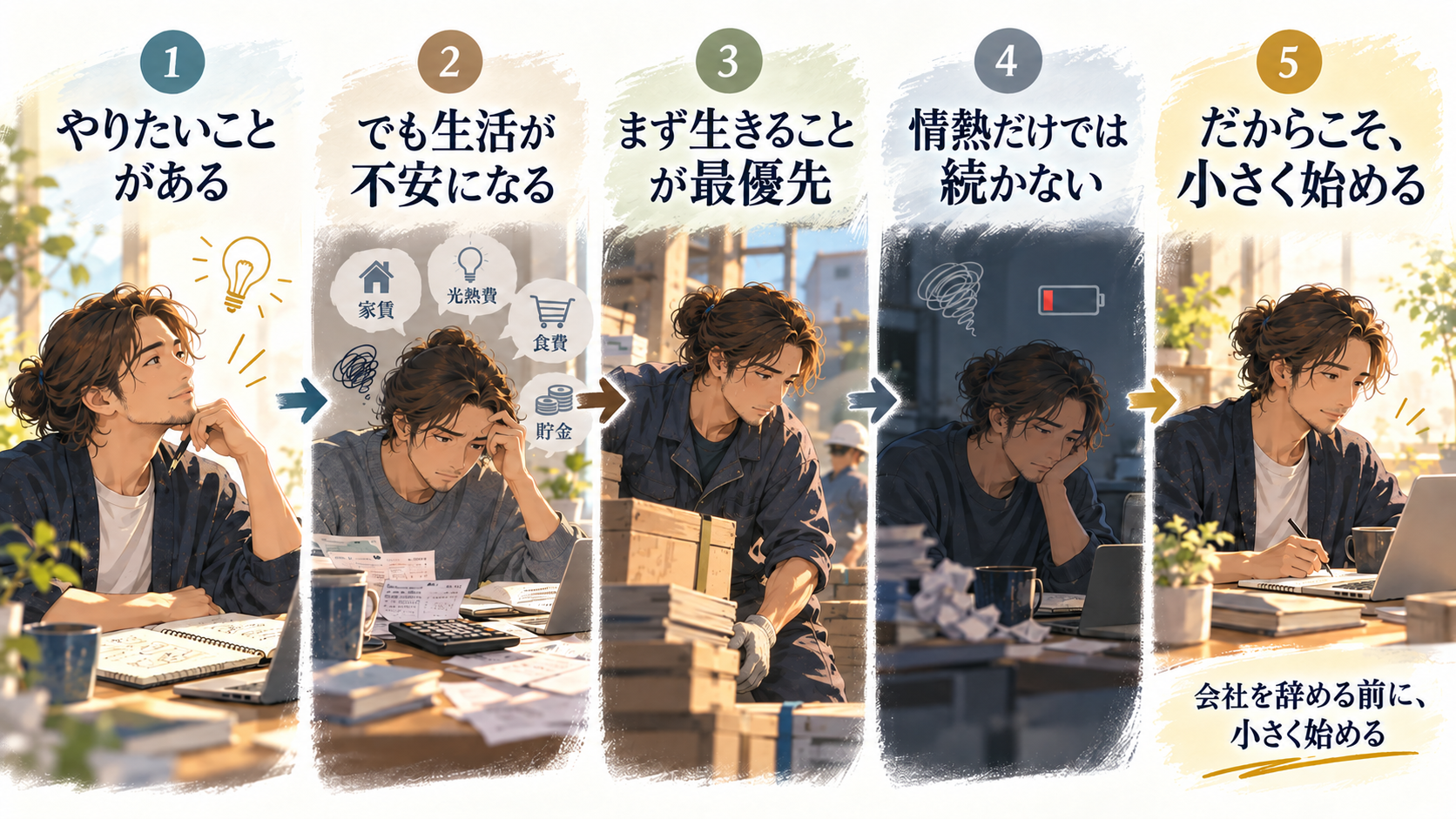 「①やりたい → ②生活不安 → ③まず生きる → ④情熱が消える → ⑤小さく始める」という流れ