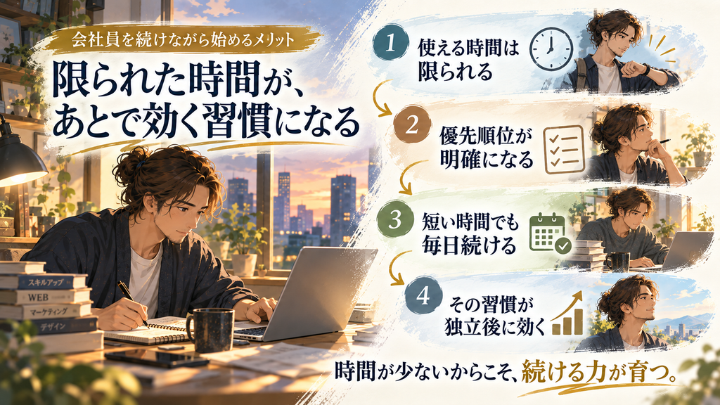 会社員を続けながら起業準備をすることで、限られた時間の中で優先順位を決め、短い時間でも毎日続ける習慣が身につき、その力が独立後にも活きる流れを示した図
