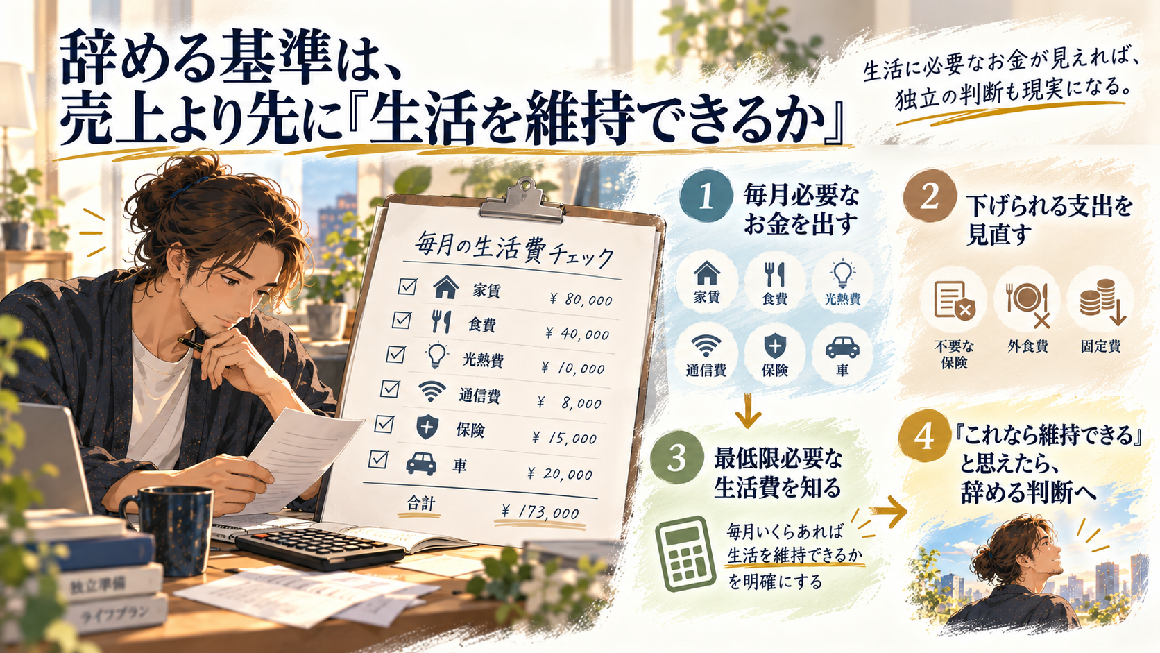 会社を辞める前に毎月の生活費を可視化し、不要な固定費や外食費を見直して、生活を維持できる金額を把握してから独立を判断する流れを示した図