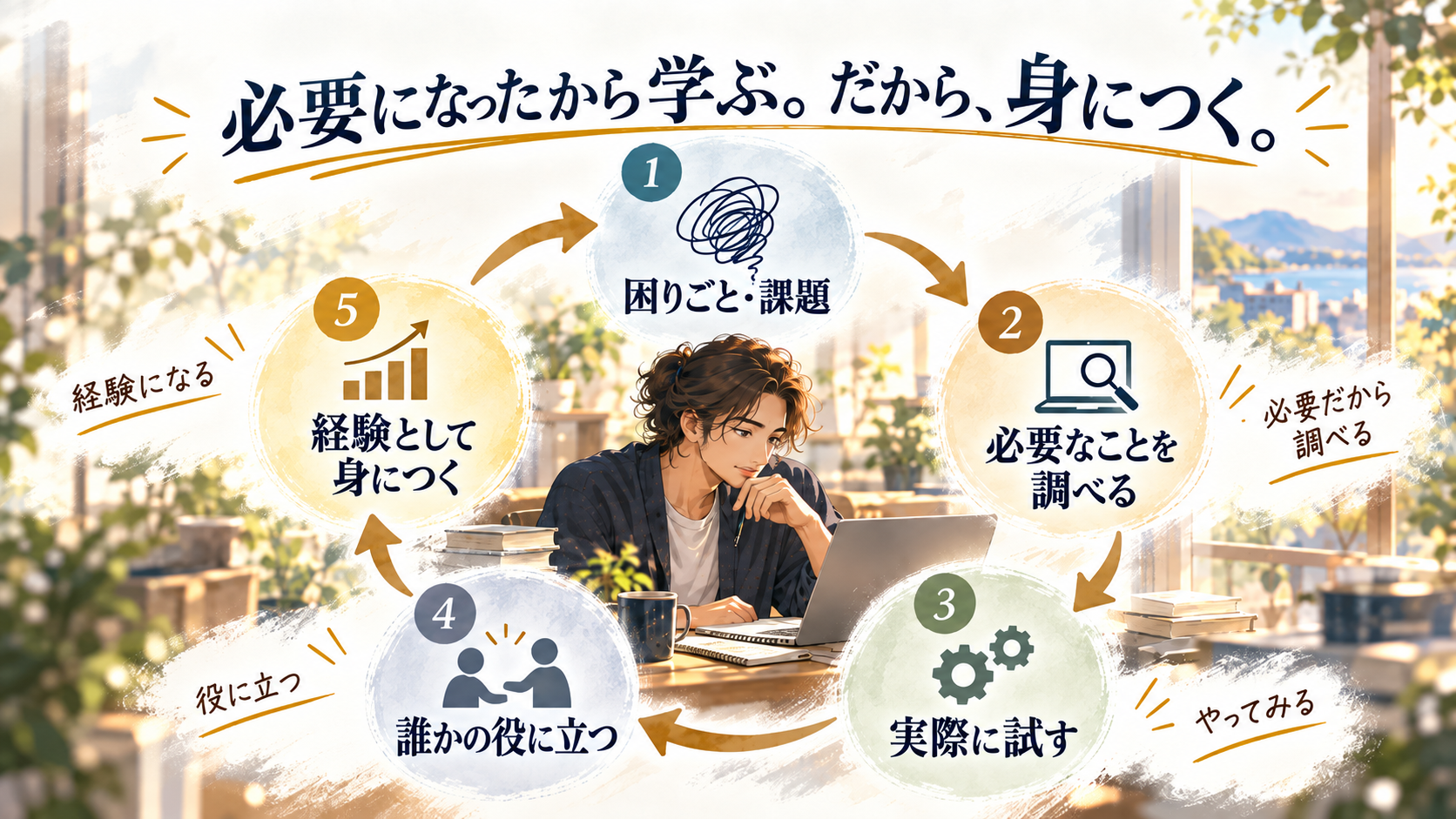 必要になったことを調べ、試し、誰かの役に立つ中で経験として身につけていく学習サイクルを表したイラスト図