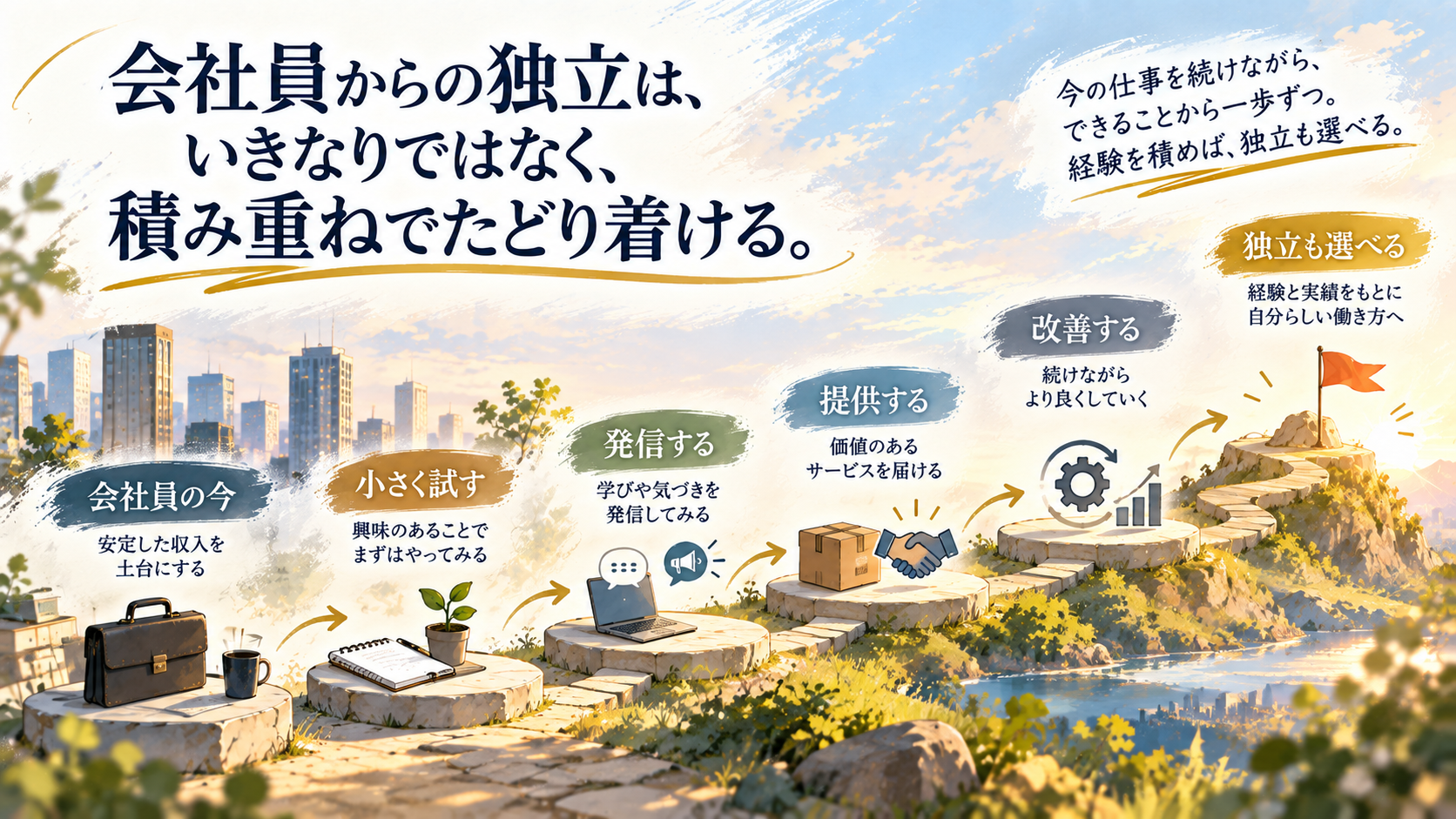 会社員の安定収入を土台に、小さく試し、発信し、サービス提供と改善を重ねながら独立という選択肢へ進む流れを示したロードマップ図