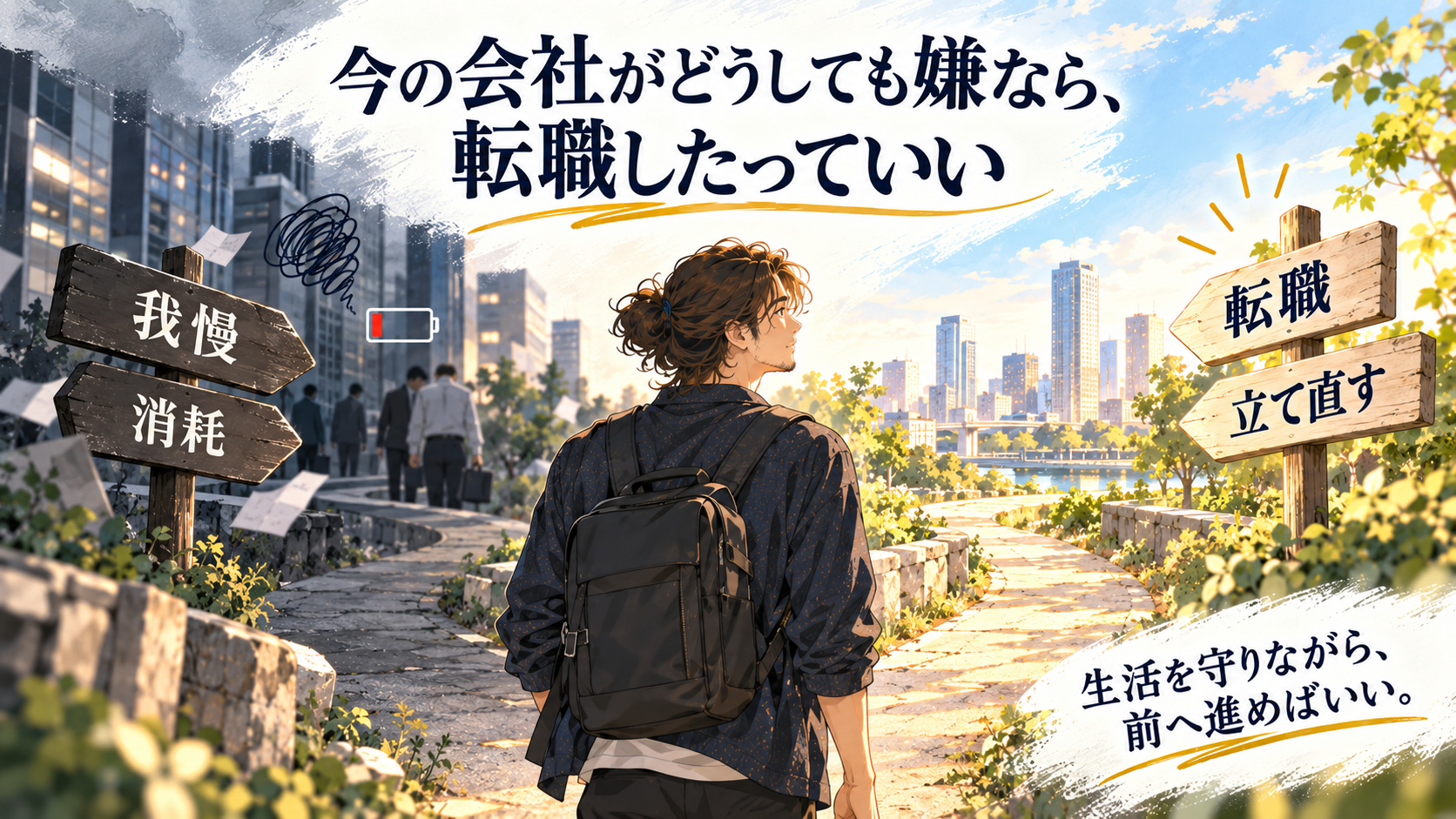 今の会社で我慢して消耗し続けるだけでなく、生活を守るために転職して環境を立て直す選択肢もあることを示した分岐イラスト