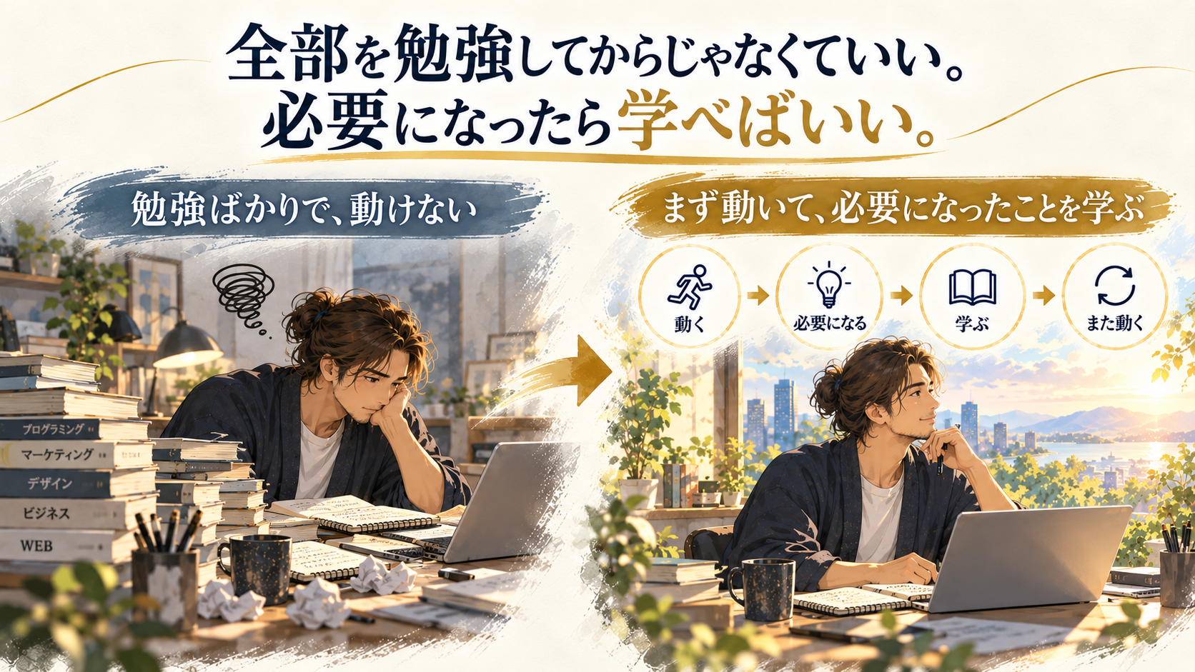 勉強ばかりで動けない状態と、まず行動して必要になったことを学びながら進む状態を比較した図
