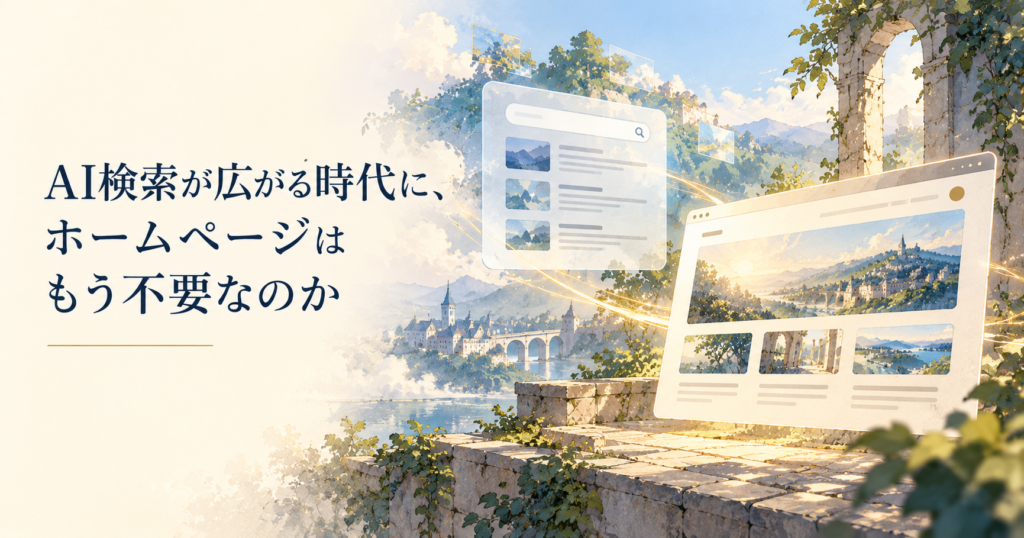 AI検索の画面と、朝日に照らされたファンタジーの街並みを描いたイラスト。AI検索時代におけるホームページの必要性を問いかける。