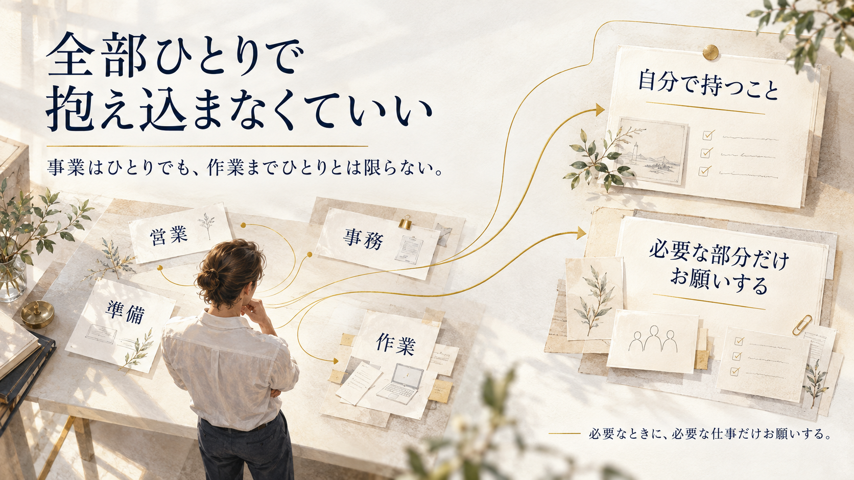 営業・事務・準備・現場作業など、ひとりビジネスの仕事を整理し、自分で担う仕事と人に任せる仕事の分担を示した図解。