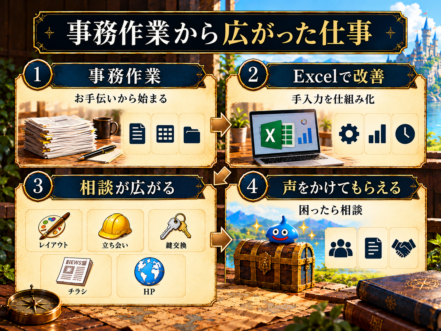 事務作業の手伝いからExcelでの業務改善、レイアウトや現場対応などの相談へと仕事が広がり、困ったときに声をかけてもらえる関係になるまでの4段階の図解。