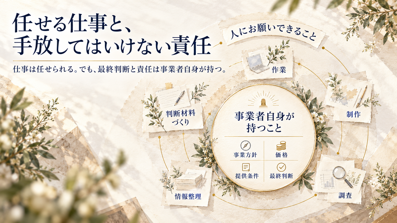 外注先に任せられる仕事と、事業者自身が担うべき意思決定や責任の違いを円形の図で整理したインフォグラフィック。