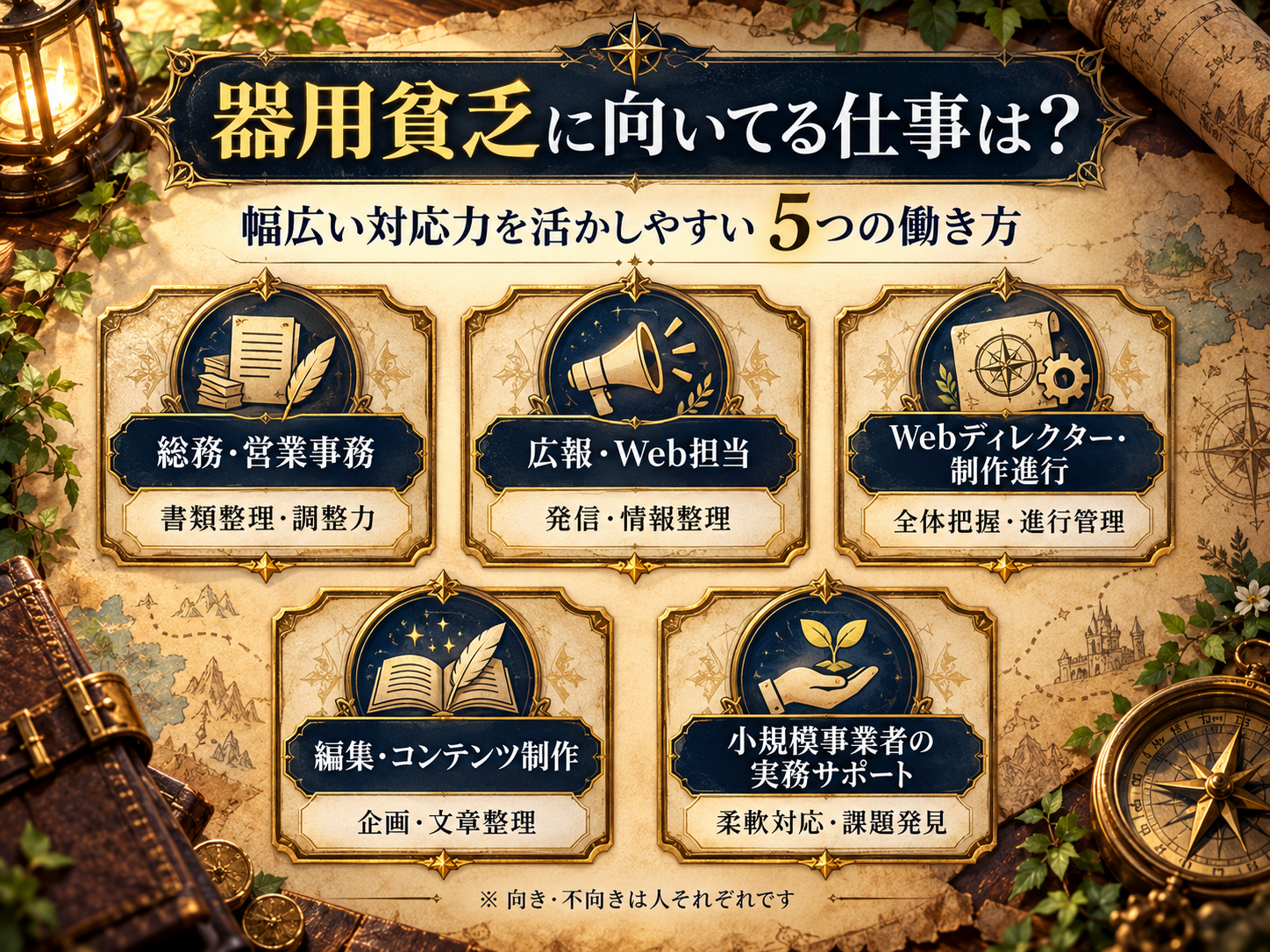 器用貧乏に向いてる仕事の候補として、総務・営業事務、広報・WEB担当、WEBディレクター、編集・コンテンツ制作、小規模事業者の実務サポートを紹介する職業カード図。