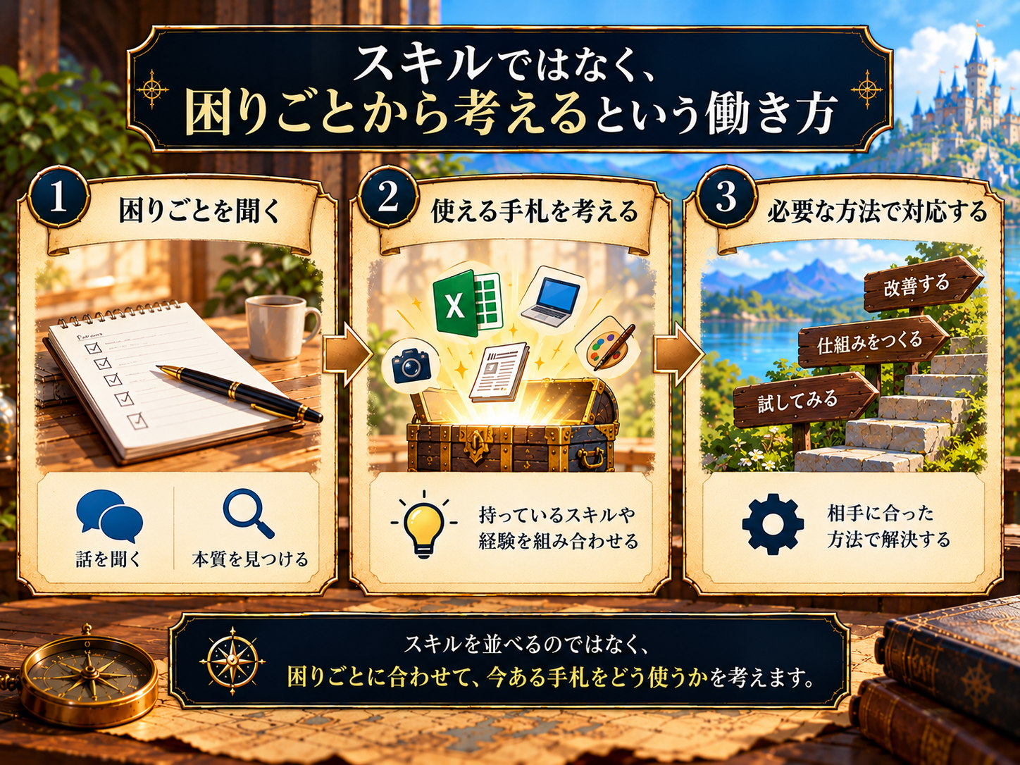 相手の困りごとを聞き、今あるスキルや経験から使える方法を考え、相手に合った方法で対応するという仕事の進め方を示した3ステップの図解。