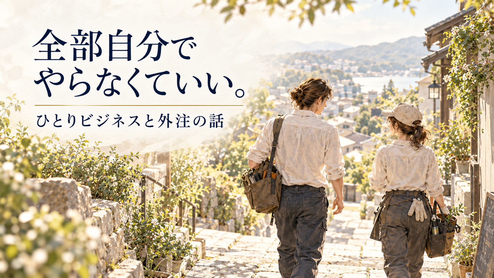 町並みを背景に、男女2人が並んで歩く後ろ姿を描いたイラスト。ひとりビジネスでも人の力を借りながら働くことを表現している。