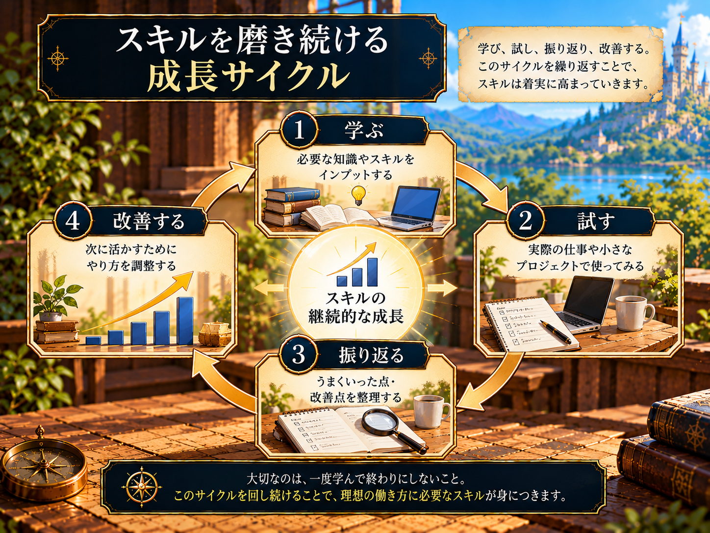 本を読む、信頼する少数のプロから学ぶ、毎日PCとAIに触れる、できることを少しずつ増やすという4つの習慣を、成長するスキルツリーで表した図解。