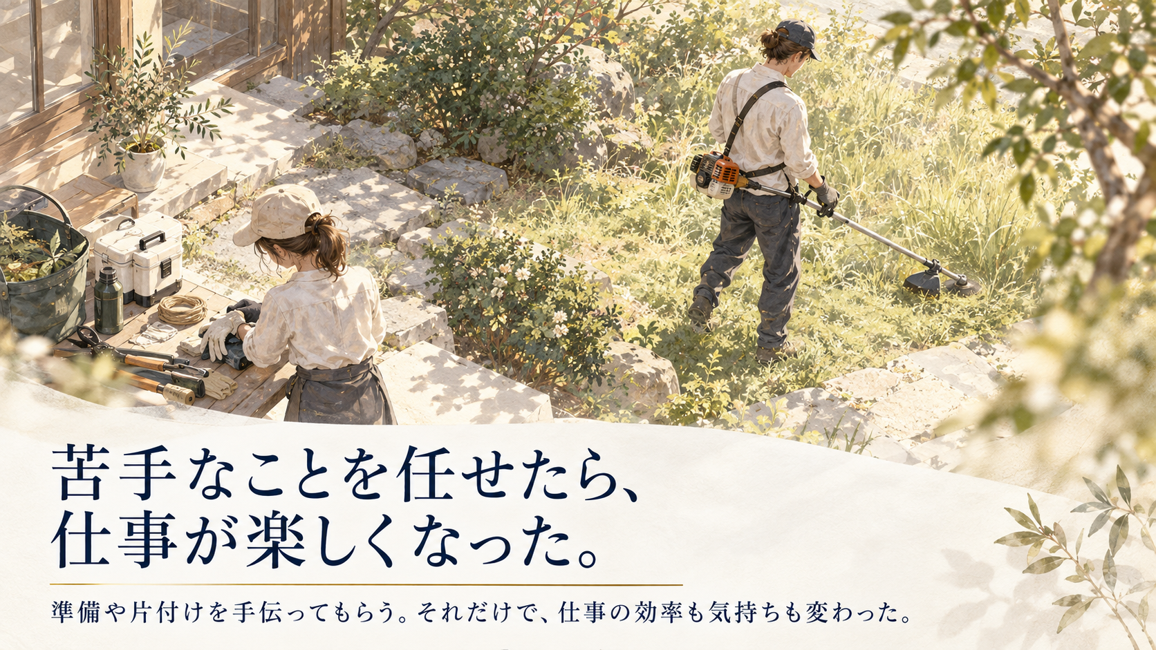 住宅の庭で男性が草刈機を使って作業し、女性が道具の準備や片付けを担当しているイラスト。苦手な作業を分担し、協力して働く様子。