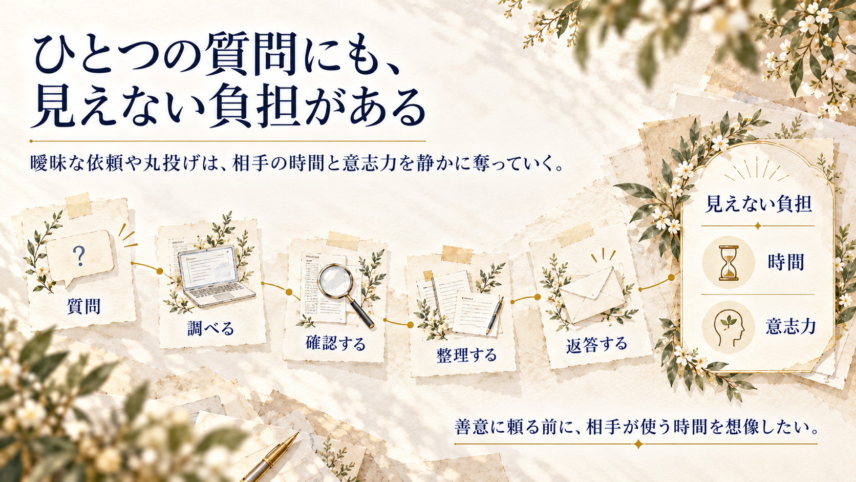 一つの質問に答えるまでの、調査・確認・整理・返答という工程を示し、受注者の時間や意志力が使われることを可視化した図解。