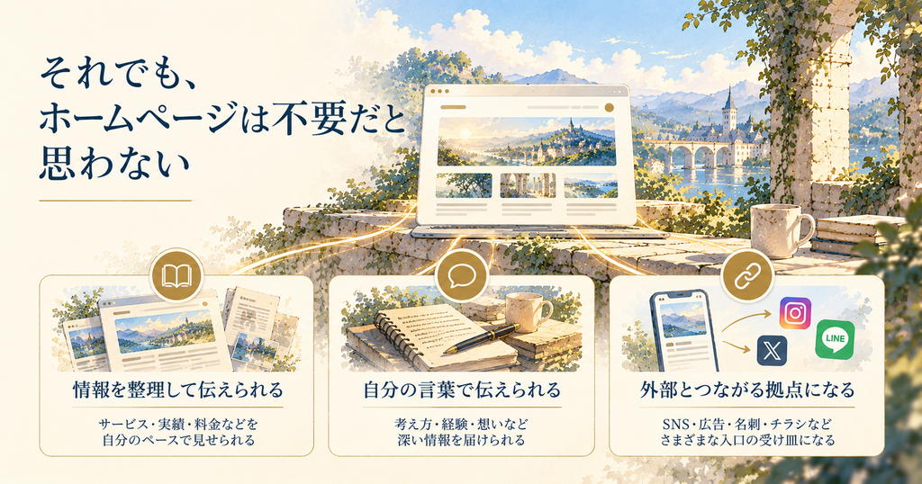 ホームページが持つ3つの役割を示した図。サービスや実績などの情報整理、自分の経験や考え方の発信、SNSや広告など外部から訪れる人の受け皿になること。